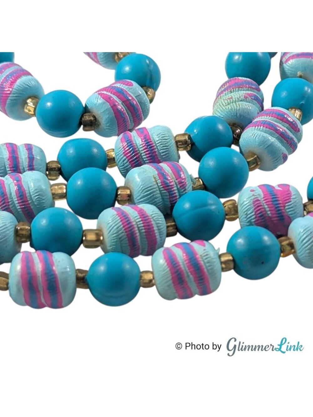 Vintage Long Beaded Necklace Blue Purple Striped Hong Kong Boho